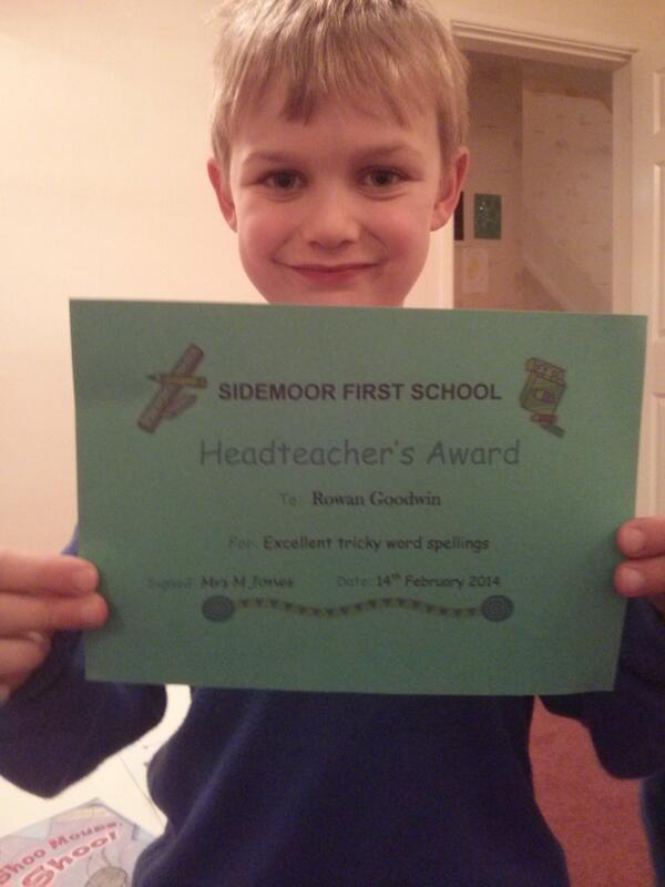 Headteacher's award ! Excellent tricky word spelling! http://t.co/f1jZ03XUfP - embedded image