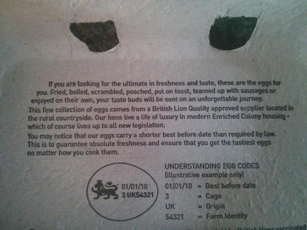 Egg box blurb - I'm glad to know the supplier is in the rural countryside & the hens live in Enriched Colony housing.  - embedded image