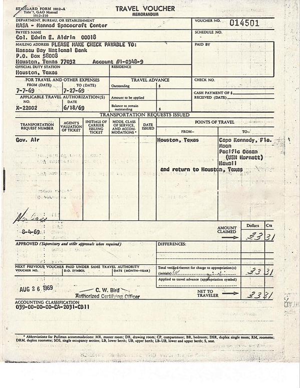 RT #TBT My mission director @Buzzs_xtina's favorite piece of my memorabilia. My travel voucher to the moon. #Apollo11  - embedded image 1