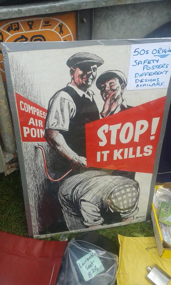 RT Don't stick compressed air up your work mate's bum. Safety poster from 1950's. Like something from @Scarfolk.  - embedded image 