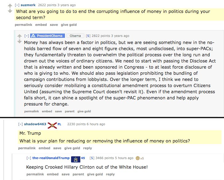 RT Obama's AMA vs. Trump's AMA, h/t @reddit  - embedded image 