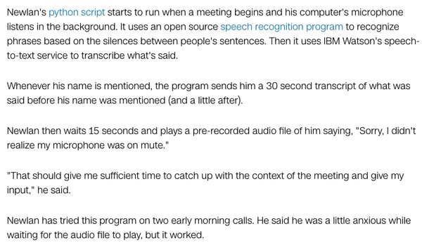 RT Fake participation in conf calls https://t.co/Y47Naimrgb [python+OSS speech rec+Watson speech-text+canned audio]  - embedded image 