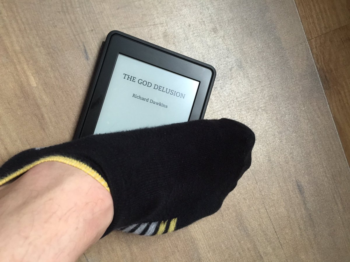 RT Please RT. I want to see how many atheists I can offend by standing on their precious book.  - embedded image 