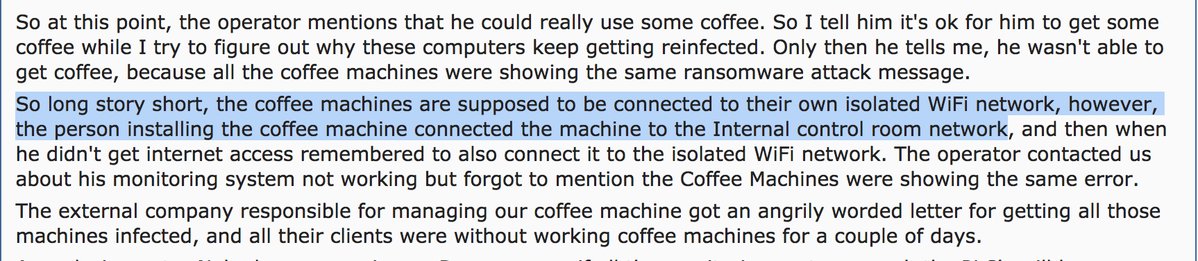 RT a nice bedtime tale

of a coffee machine

TAKING DOWN A CHEMICAL FACTORY'S NETWORK 

🤔

https://t.co/Z3JOYGieP9  - embedded image 