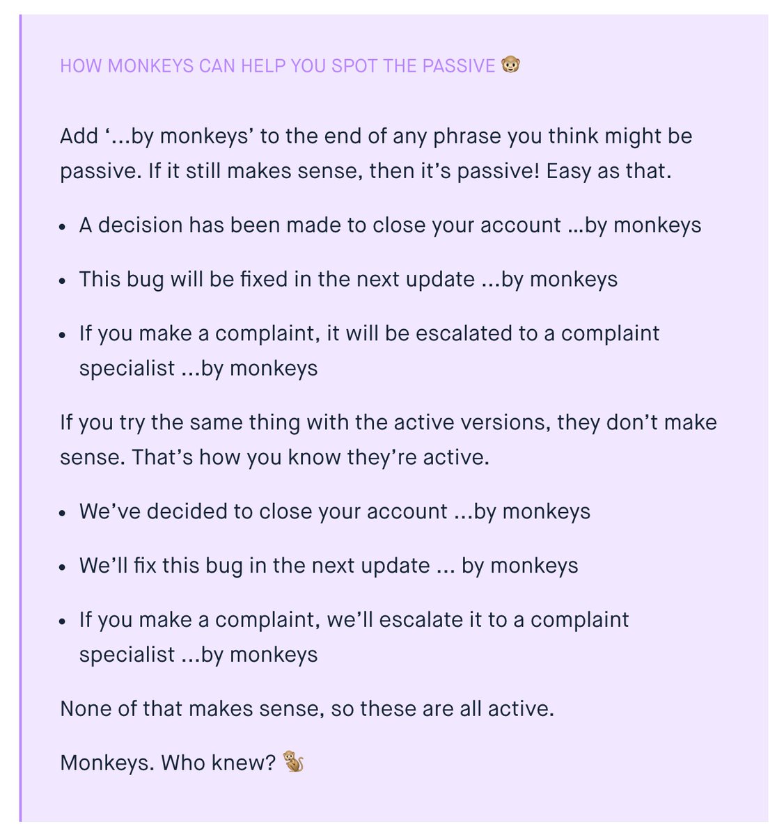RT I LOVE this lesson from @monzo about how to spot the passive voice.  - embedded image 